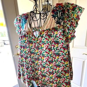THML Floral Peasant Top in White, Pink, Green, Yellow
